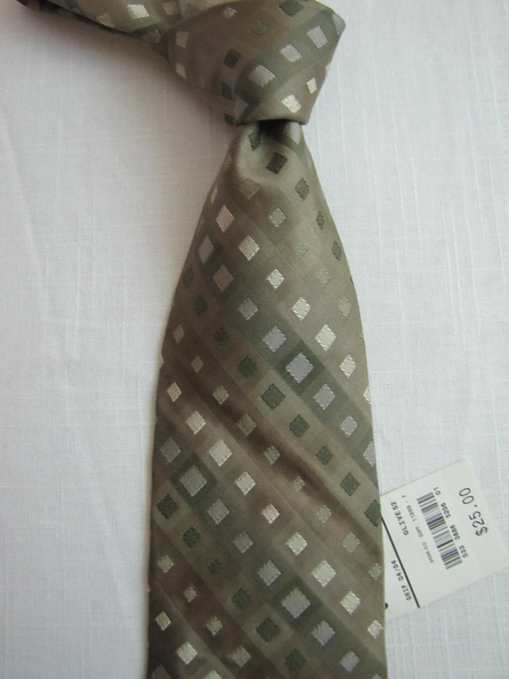 NEW STAFFORD Silk Neck Tie Green Brown Squares Pattern JCPENNEY NWT - Image 1 of 1