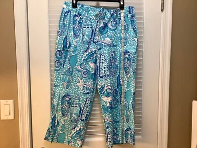 EUC KEY WEST синий бирюзовый белый ракушки тропический вечеринки укороченные брюки размер 12 - Изображение 1 из 4