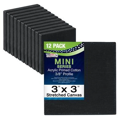 U.S. ART SUPPLY 3" x 3" BLACK Mini Professional Primed Artist Craft Stretched Canvas Pack of 12