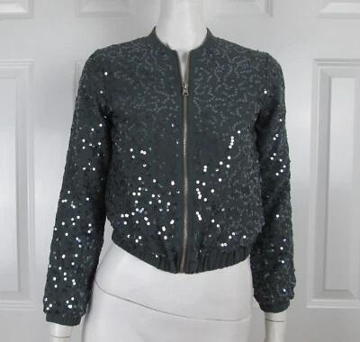 Abercrombie Kids Girls Size M Gray Sequin Polyester Zipper Fashion Bomber Jacket - Image 1 of 4