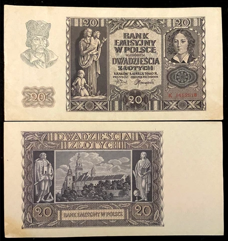 Poland 20 Zlotych 1940 P95 Banknote World Paper Money Collectors Circulated Fine Cover