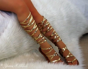 Light Gold / Rose Gold Strappy Open Toe Knee High Gladiator Sandals, US 5.5-10 - Picture 1 of 5