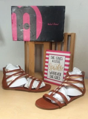 Sandalias planas Michael Antonio (Deanna) coñac/oro gladiador cremallera trasera 9M NUEVAS Foto 1 de 4