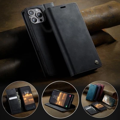 Genuine Leather Wallet Case Card Flip Cover for iPhone 16e/15/14/13/12/11 SE 8 - Image 1 of 4