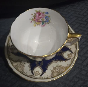 Crown Staffordshire Bone China Porcelain Cup & Saucer w/ Cobalt Gold Floral - Picture 1 of 5