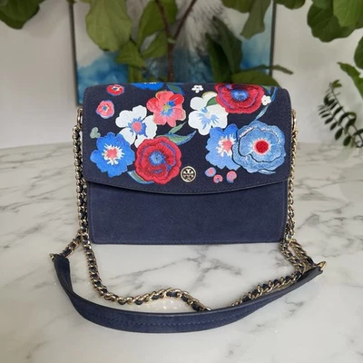 Сумка через плечо Tory Burch Parker трансформируемая вышитая замша темно-синяя - Изображение 1 из 4