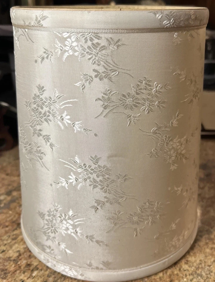 Vintage Off White Lamp Shade Floral Silk Over Hard Paper Drum 7x9x8  + Harp - Image 1 of 4