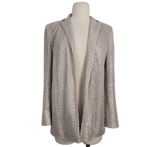 AKRIS Polyester Silk Blend Open Blazer Jacket Sz 8 Silver Metallic Grid Square - Picture 1 of 11