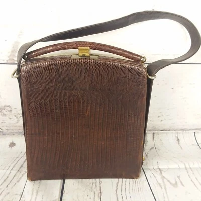 Vintage 1940s Reptile Leather Brown Purse Top Handle Brass Frame - Image 1 of 4