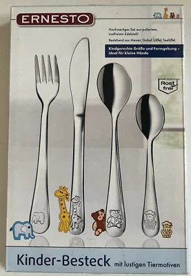 Ernesto Kinderbesteck mit lustigen Tiermotiven, 4-teilig, Edelstahl, OVP - Bild 1 von 2