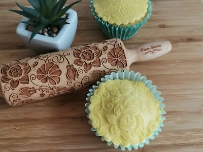 Embossed Dough Roller Lotus Springerle cookie mold Textured Engraved Rolling Pin - Image 1 of 4