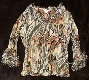 Dressbarn Blouse Womens XL Multicolor Fringe V Neckline Sleeve Crinkle Abstract - Picture 1 of 7