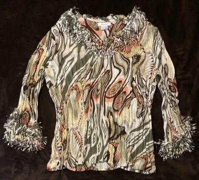 Blusa Dressbarn para mujer XL multicolor flecos escote en V manga arrugada abstracta Foto 1 de 4