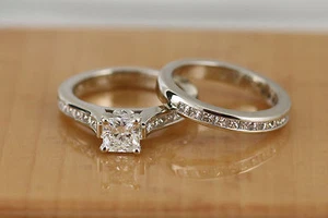Radiant Square Cut VVS1 Center Princess Wedding Set 1.85ct TW 14kt White Gold - Picture 1 of 9