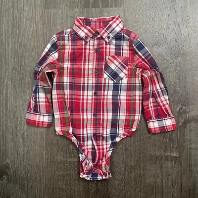 Nursery Rhyme Boys Button One-Piece Polo Plaid Red Snap Romper Size 18 months Foto 1 de 4