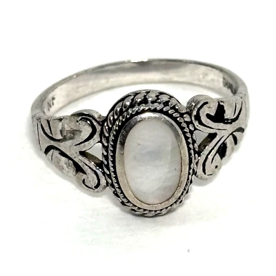 Anillo de Plata de Ley 925 NF Tailandia Ovalado Madreperla Flor de Lis Talla 9 Foto 1 de 4