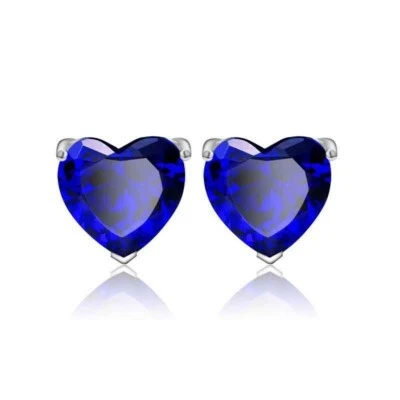 Solid Sterling Silver Blue Heart CZ Shaped Stud Earrings 5MM Cubic Zirconia   - Image 1 of 4