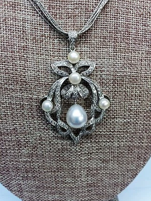 Vintage 18 Quilates Oro Blanco Diamante & Natural Pearl Collar con Colgante - Imagen 1 de 4