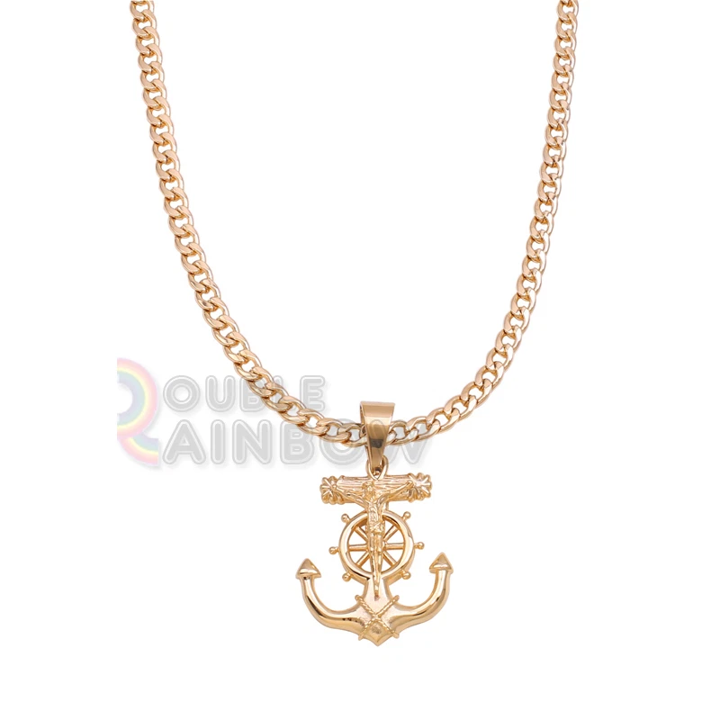 Collar de cadena colgante cruz Jesús ancla oro plata acero inoxidable P37 para hombre Foto 1 de 1