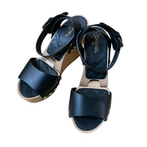 CHANEL Wedge Sole Sandals Black Wood Size 36 160625 - Picture 1 of 8