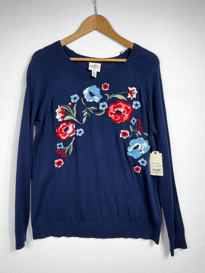NWT St. Johns Bay Women's Size PXL Lightweight Navy Floral Sweater Embroidered - Image 1 of 4