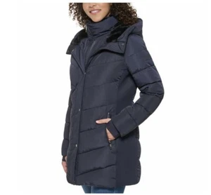 Andrew Marc Womens Walker Coat Jacket Faux Fur Lined Collar and Hood-Navy Size M - Picture 1 of 5