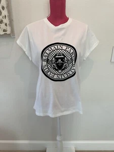 BALMAIN WHITE WOMENS T SHIRT TOP CREST BLACK SIZE 38 NWOT - Picture 1 of 4
