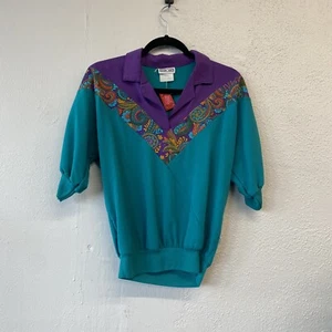 Top floral vintage años 90 púrpura verde azulado boleto de temporada talla M - Imagen 1 de 8