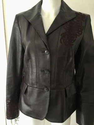 Chaqueta de cuero marrón original Ellen Tracy / detalles de gamuza talla 10 Foto 1 de 4