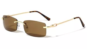 Rimless Gold Frame Sunglasses Slim Rectangular 100% UV Protection Men or Women - Picture 1 of 7