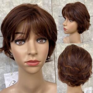 Short Layered Cut 100% Human Hair Wig Brown Mix Women Natural Daily Soft