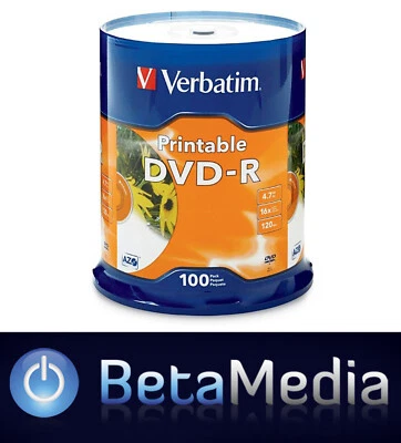 100 x Verbatim blank DVD-R 16x 4.7GB - White Inkjet Printable DVD Discs - Image 1 of 3