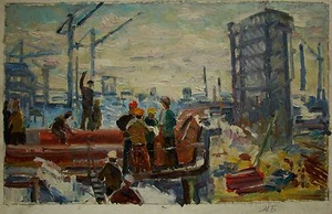 Ukrainian Soviet Oil Painting realism impressionism construction worker - Picture 1 of 9