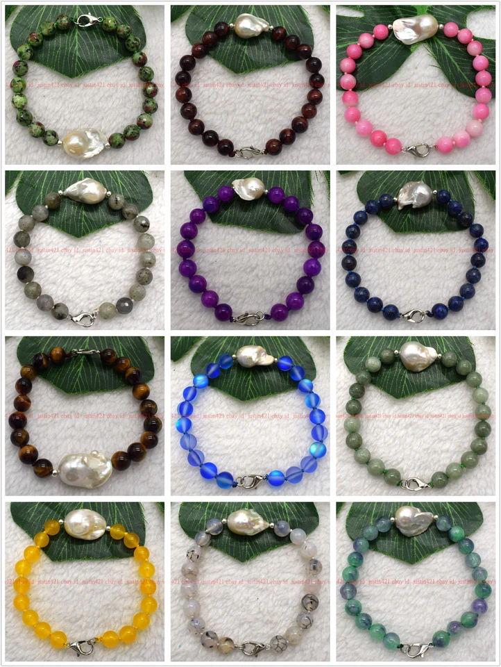 100% Natural 8/10/12mm Multicolor Gmes Beads & 15x20mm White Pearl Bracelet 7.5" - Image 1 of 1
