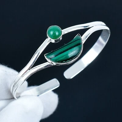 Naturale Malachite Gemma 925 Argento Sterling Fatto a Mano Gioielli Bracciale - Immagine 1 di 4