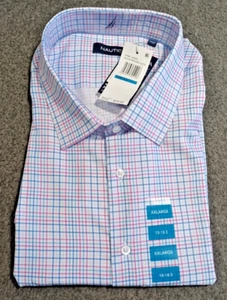 Nautica Mens Performance Dress Shirt White- Pink & Blue Stripes Short Sleeve XXL - Picture 1 of 6