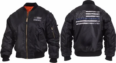 Black Military Air Force MA-1 Bomber Coat Flight Jacket with Thin Blue Line Flag - Image 1 of 4