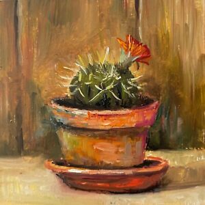 3x3 in OOAK Oil painting. Still life. “Blooming cactus” JFM ART
