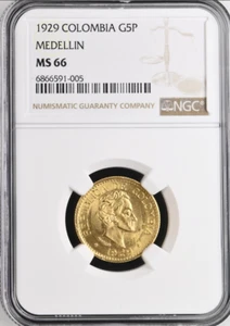 :1929 GOLD 5-PESO COLOMBIA BOLIVAR NGC MS66 RARE R6 27/19 LOW POP HIGHEST GRADES - Picture 1 of 4