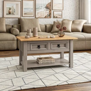 Corona Coffee Table Grey Wax 2 Drawers Solid Mexican Pine Wood Living Room - Picture 1 of 7
