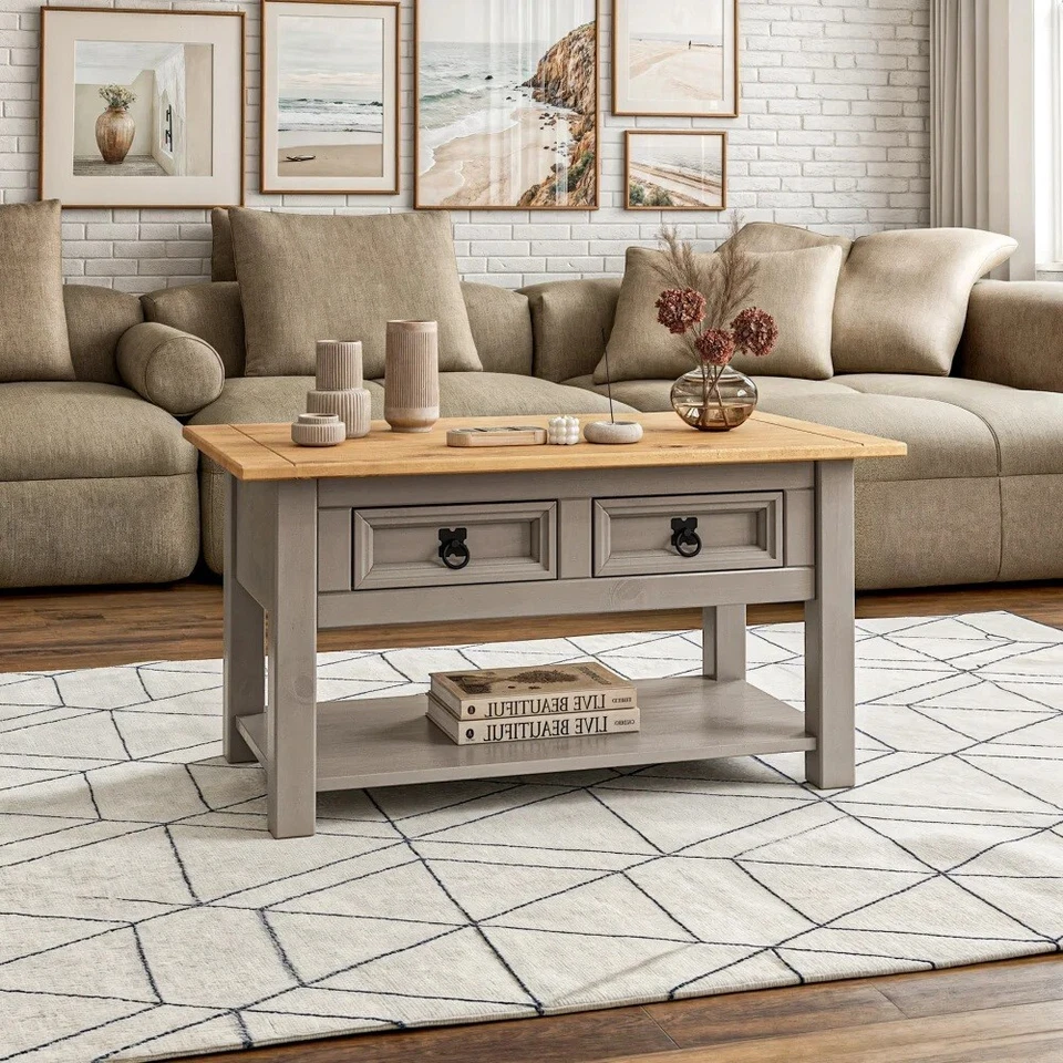 Corona Coffee Table Grey Wax 2 Drawers Solid Mexican Pine Wood Living Room - Image 1 of 4