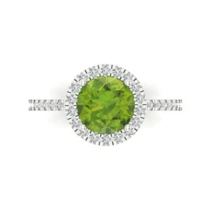 1.8 cttw Halo Natural Peridot Engagement Ring - 14K Solid Gold (White Gold) - Picture 1 of 11