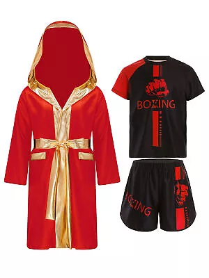 Kids Boys Boxing Uniform Set 3 Pcs Long Sleeve Open Front Hooded Cloak Robe - Image 1 of 4