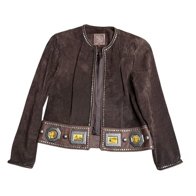 Chaqueta de cuero de gamuza Double D Ranch con tachuelas Western Native American Pictures S Foto 1 de 4