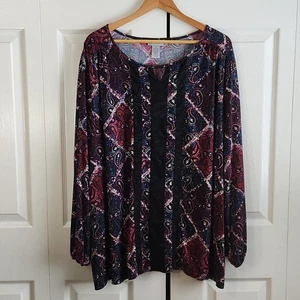 Catherine's Womens Dark Paisley Blouse Size 3X Lace Long Sleeve Stretch Academia - Picture 1 of 9