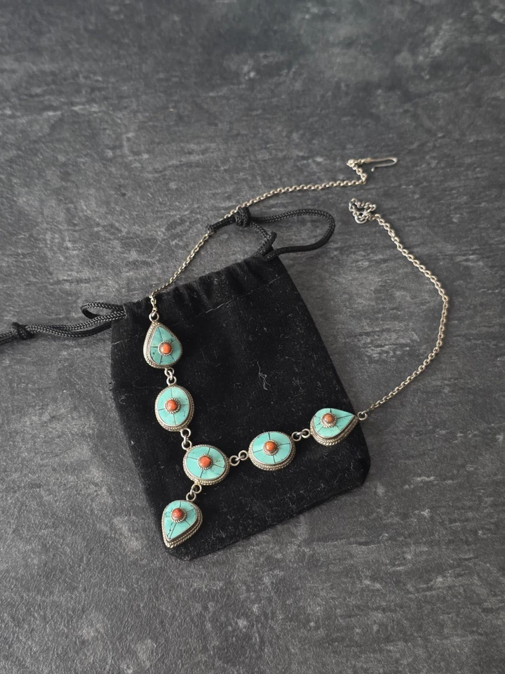 Vintage Tibetan Necklace Turquoise And Coral Ethnic Handmade Silver Jewelry - Image 1 of 4