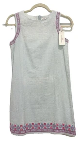 NWT Vineyard Vines Girls Seersucker Dress 14 Blue White Pink Embroidered Flowers - Picture 1 of 9
