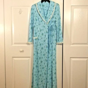 Robe M Vintage Beautiful Blue Allover Floral Print Long One Pocket - Picture 1 of 9