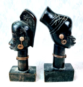 Africa Folk Art Wooden Hand Carved Man Woman Busts Copper Wrap Jewelry SET OF 2 - Picture 1 of 21