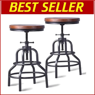 Industrial Round Bar Stools with Swivel Seat - Rustic Adjustable Kitchen Stools - Image 1 of 4